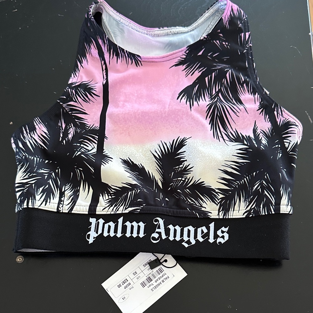 Palm Angels Pink-to-Cream Palm-Print Cropped Sports Tank